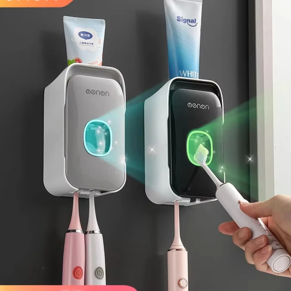 

MENGNI Automatic Toothpaste Dispenser Wall-Mounted Bathroom Toothpaste Squeezer Punch-Free Toothbrush Holder Rack Bathroom Acces