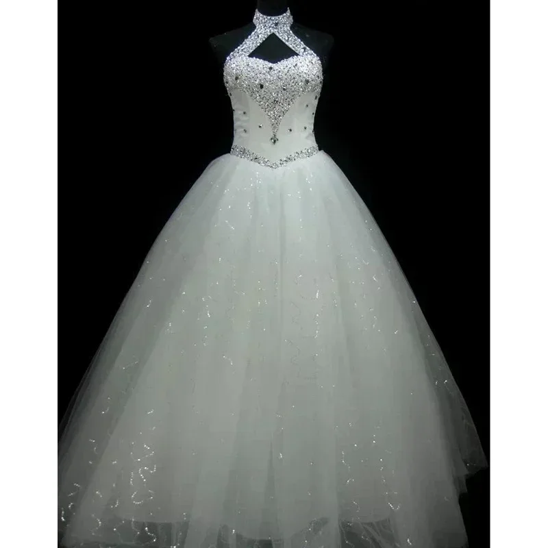 Customized Wedding Dress Quality White Handmade Beads Halter Collar Lace up Princess Floor-length Plus size lady Bride Ball Gown