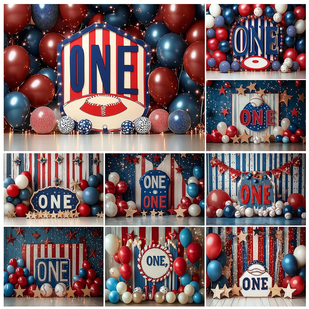 LS Baseball Themed Cake Smash Photo Backdrops Newborn One Birthday Party Background Colorful Balloons Wall Twinkle Stars Shoot