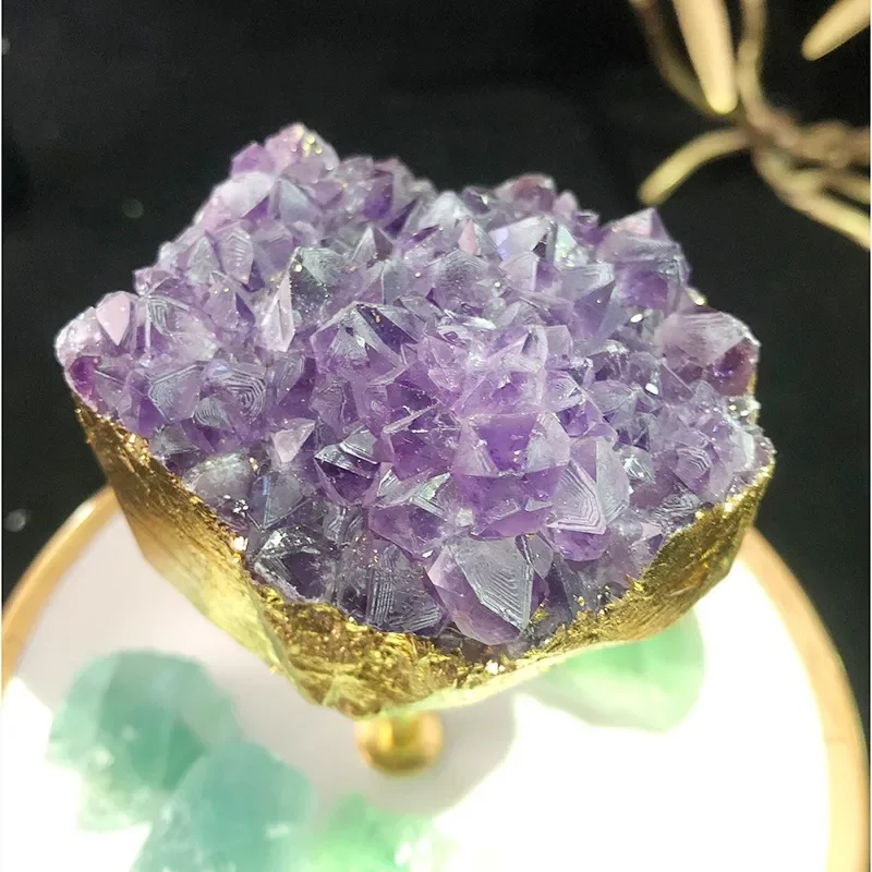 Nordic Light Luxury Purple Crystal Cluster Dried Fruit Plate Natural Rough Stone Gold Foil Decorative Tray for Living Room