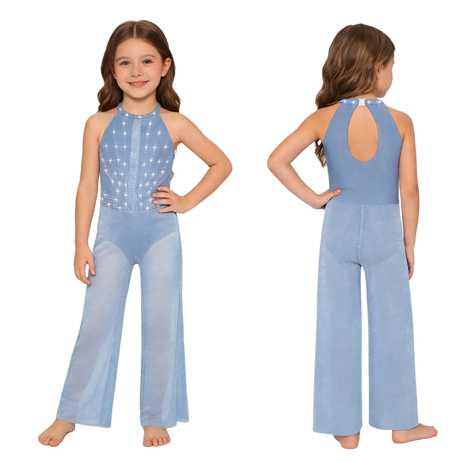 Kinderen Meisjes Moderne Lyrische Dans Jumpsuit Glanzende Strass Mesh Split Wijde Pijpen Bodysuit Ballet Gymnastiek Schaatsen Kostuum - afbeelding 2