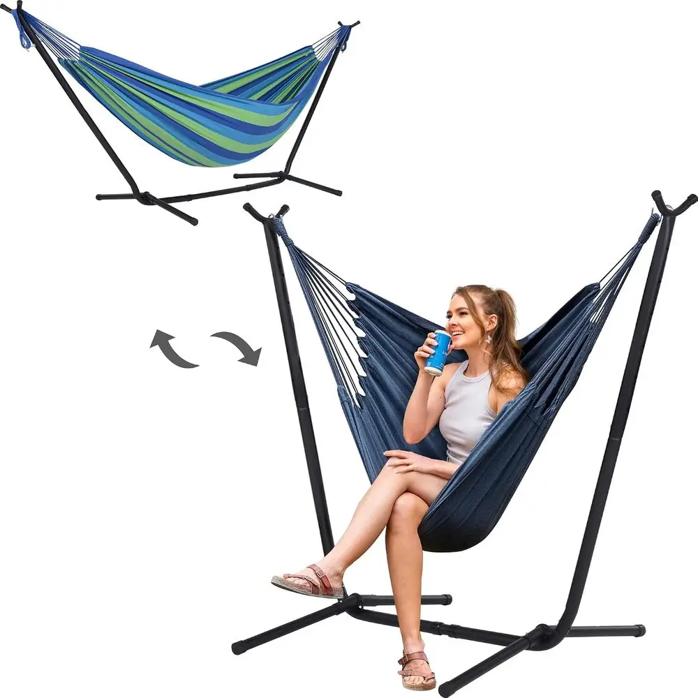 Green Stripe 2-in-1 Outdoor Swing Chair with Stand, Convertible Hammock