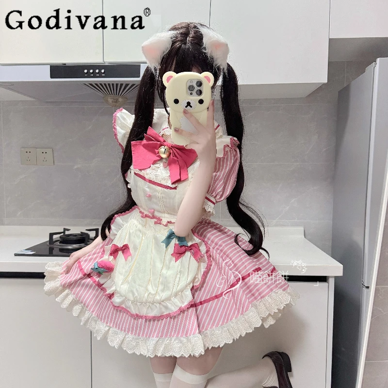 

Spring Summer Pink Sweet Cute Maid Cos Lolita Plaid Dresses Girl Short Sleeve High Waist A-line Versatile Age-reducing Dress