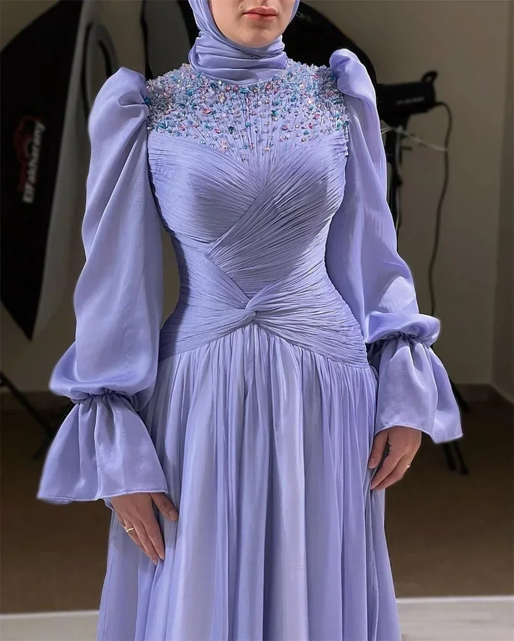 Customized Prom Dress Fashion High Collar Empire Party Floor Length Long Sleeve Satin Ruched Formal Evening Go