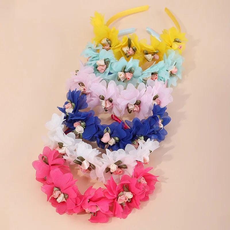 جديد اليدوية زهرة الفتيات رباطات لطيف الورود زهرة الأميرة الرقص حفلة أغطية الرأس تاج الزفاف موضة الشعر هوب اكسسوارات #2