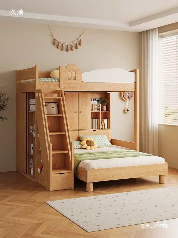 Staggered solid wood upper and lower beds Small apartment multi-functional combination with desk High and low two-layer