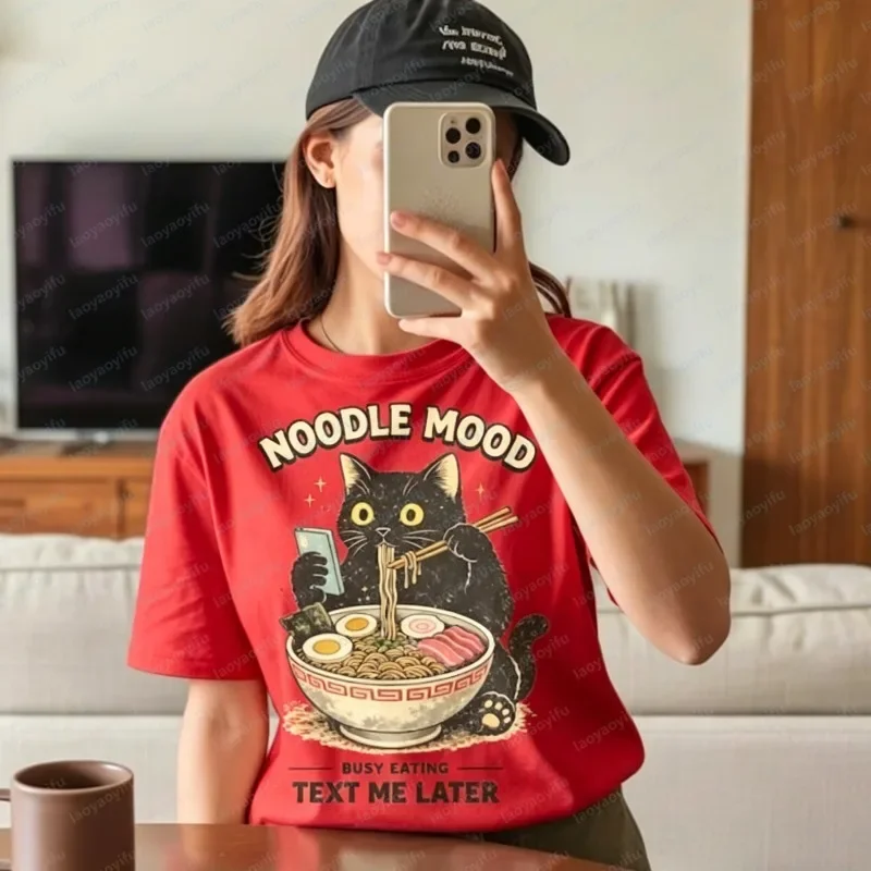 Black Cat Ramen Cotton Shirt Noodle Mood Graphic Tee Trendy Cat Foodie Style Tops Summer Holiday Casual Clothes for Women Men