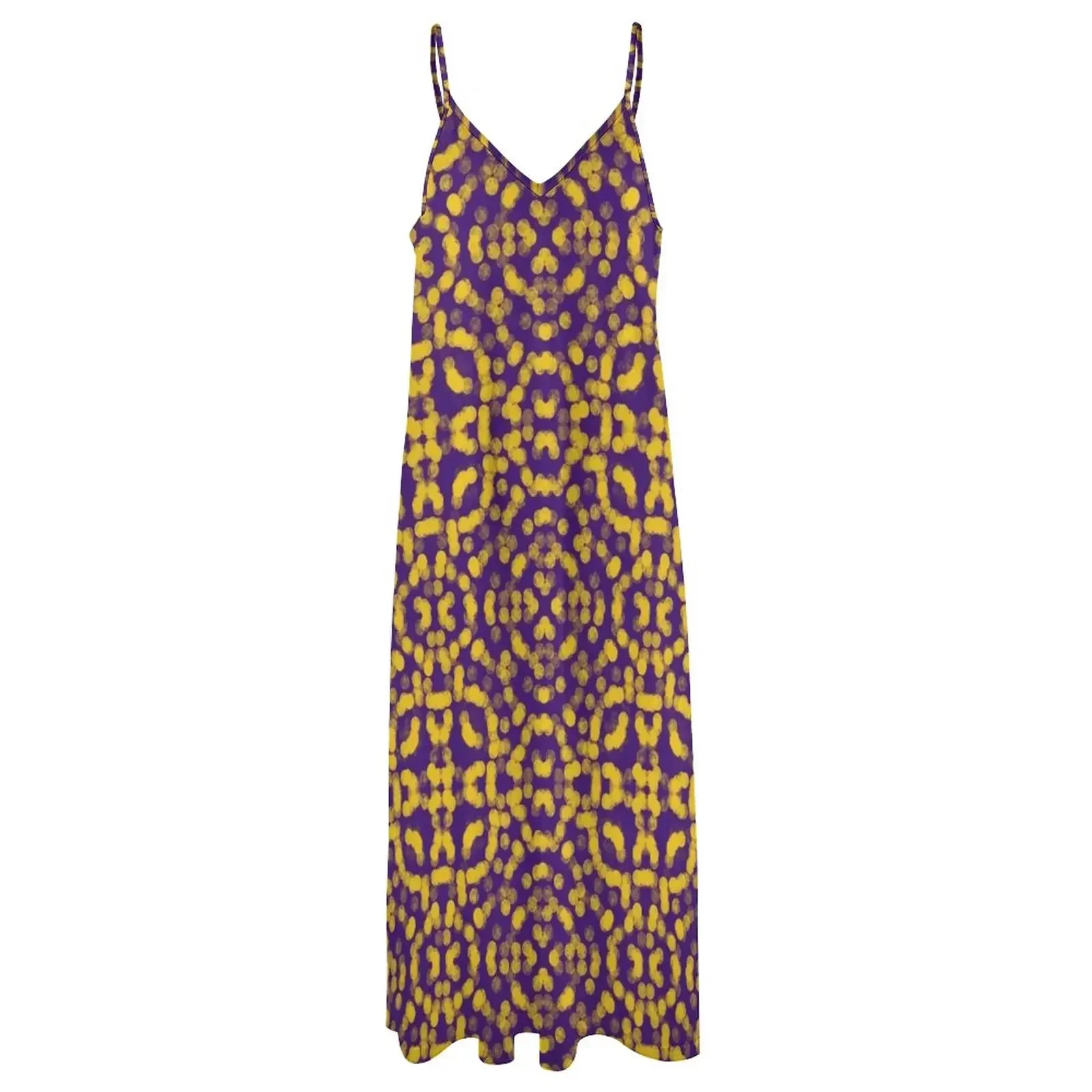 Artsy roxo e ouro amarelo jogo dayPattern vestido sem mangas vestidos casuais vestido longo feminino vestido de verão