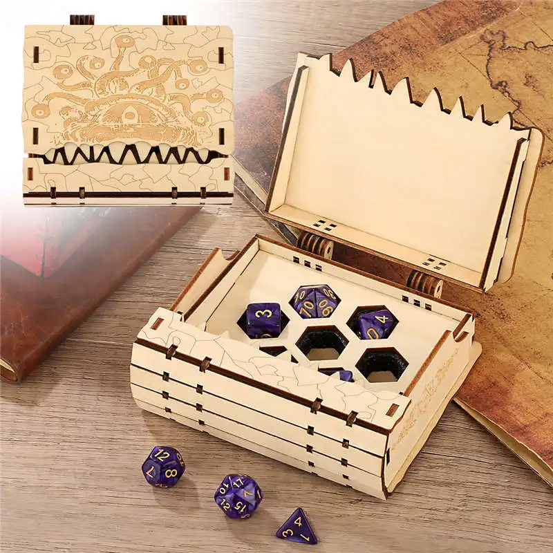 

Деревянный ящик для хранения игральных костей с зубами осьминога и 7 пластиковыми многогранными игральными костями DND, чехол для аксессуаров для ролевых игр