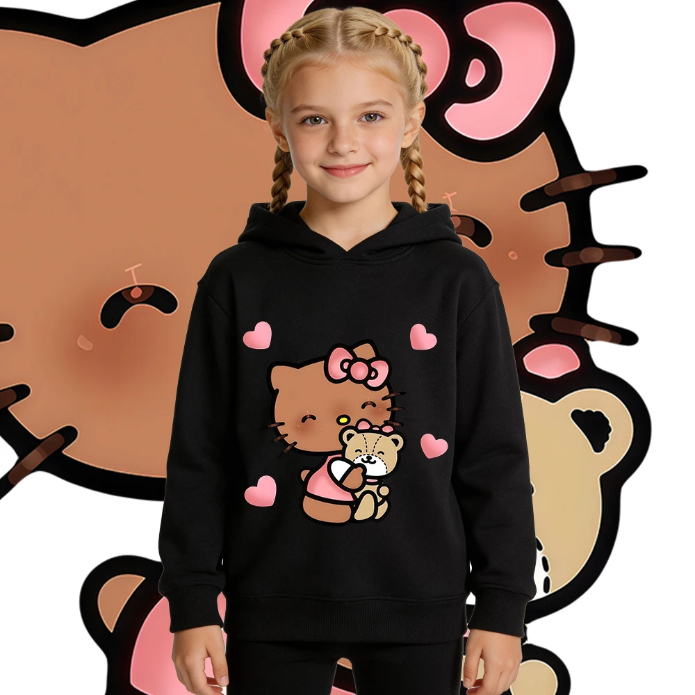 

Флисовая толстовка с капюшоном для девочек и мальчиков с принтом Hello Kitty Teddy Love, теплая осенне-зимняя повседневная толстовка с капюшоном для детей