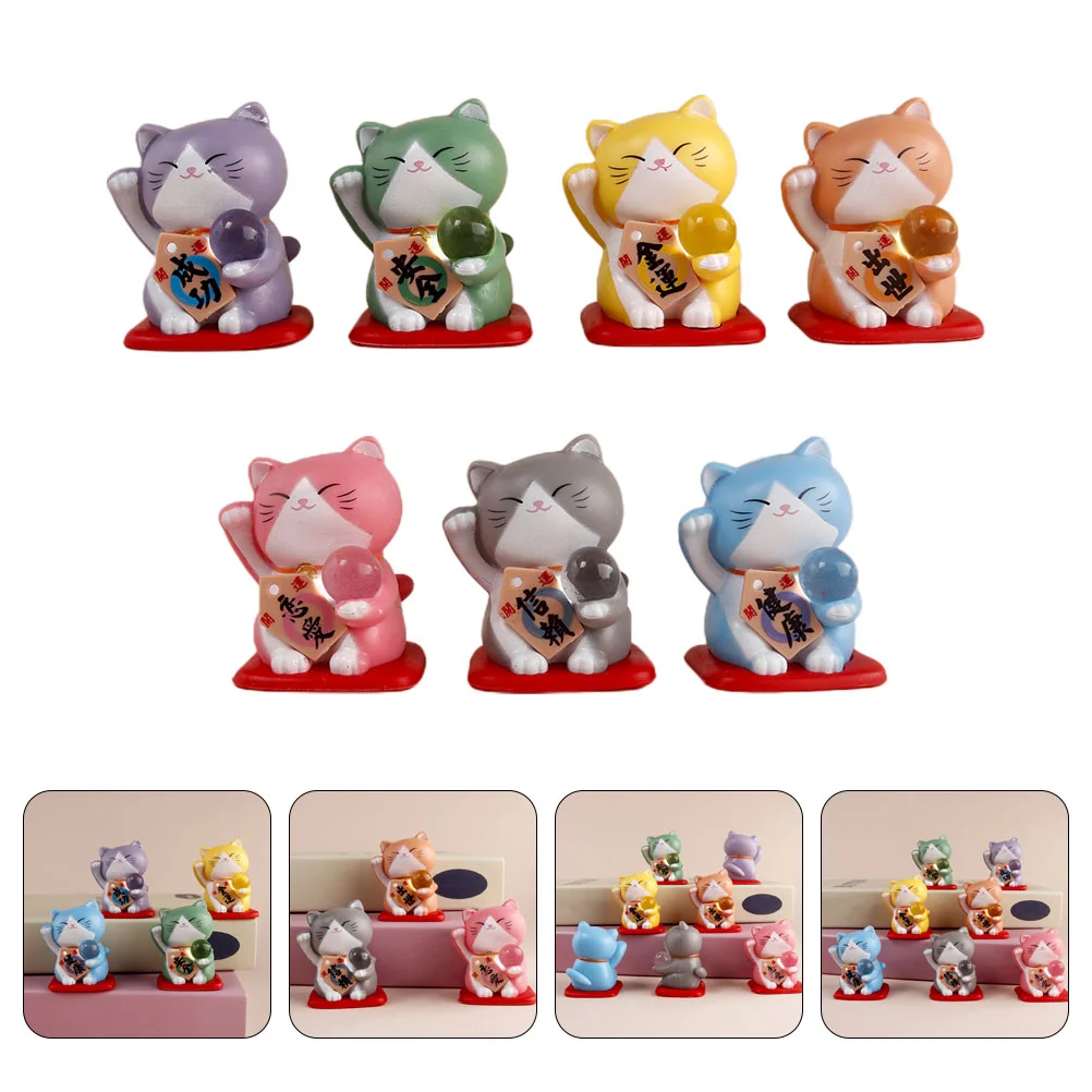 

7 Pcs Decor Mini Lucky Cat Miniature Figurines Bagged Adorable Model Micro Landscape Decoration