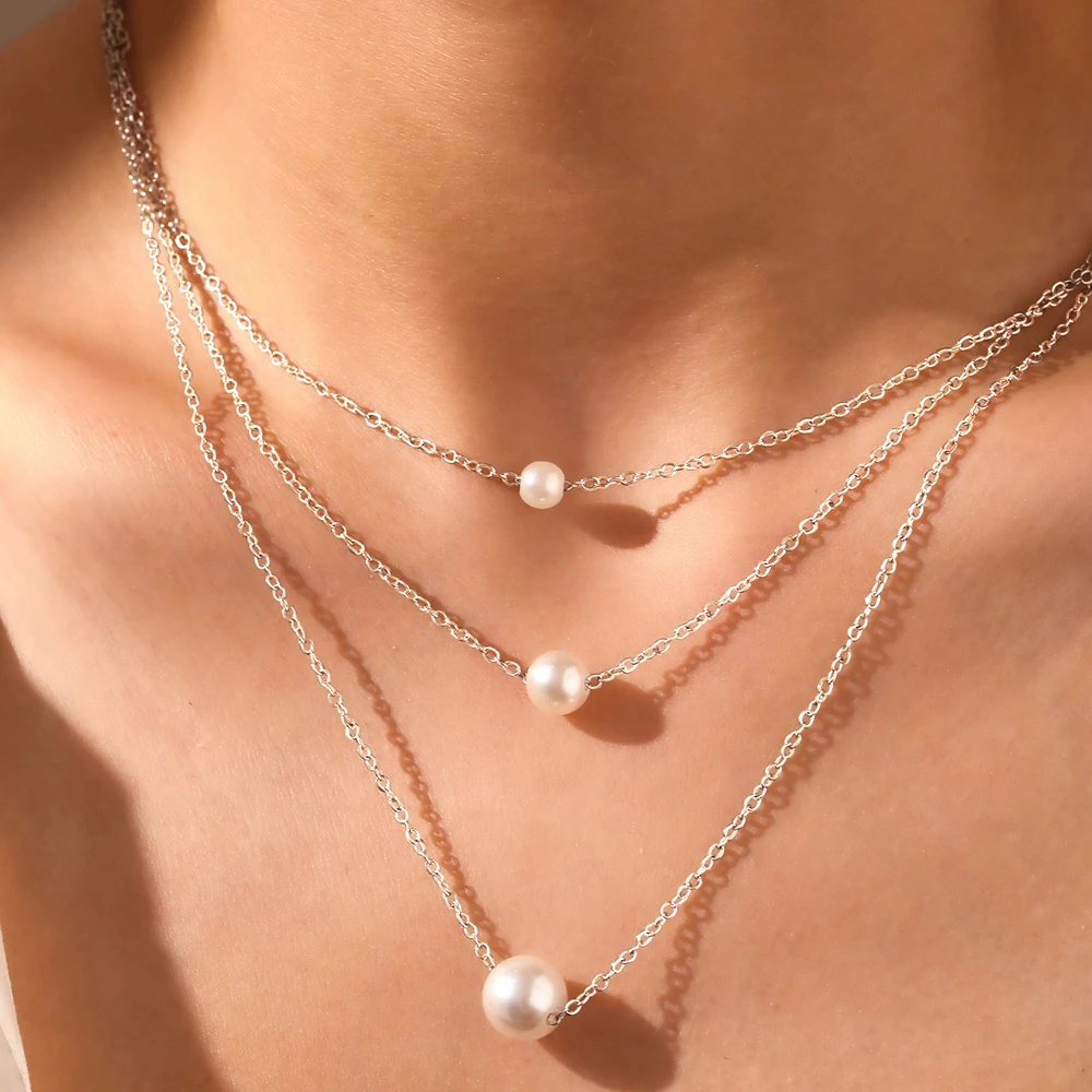 Stainless Steel Necklaces Baroque Style White Imitation Pearl Multilayer chain Simplicity Fashion Necklace For Women Jewelry Gif