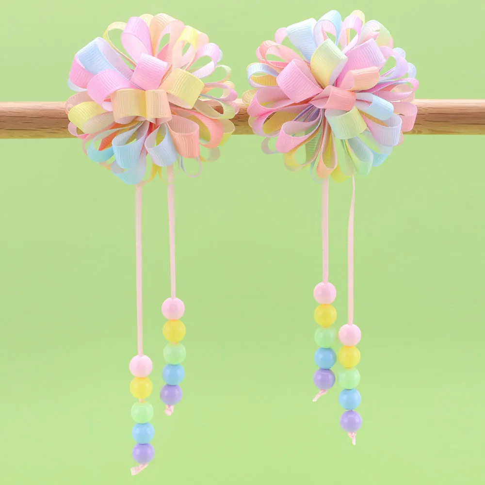 2Pcs Ribbon Hydrangea Hair Clips Long Tassels Beads Flower Hairpin For Girls Handmade Barrettes Headwear Kids Hair Accessories