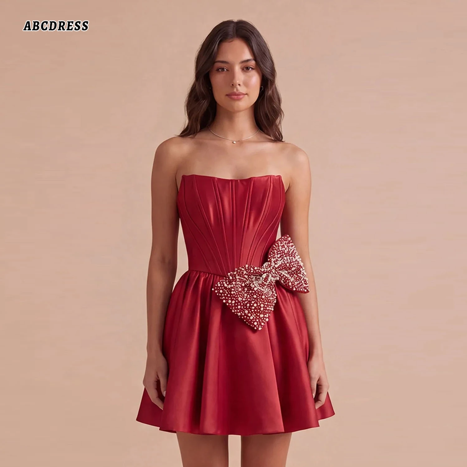 Customized Red Sparkly Beaded Bow Short Homecoming Dress Strapless A Line Cocktail Dresses Corest Prom Evening Gown