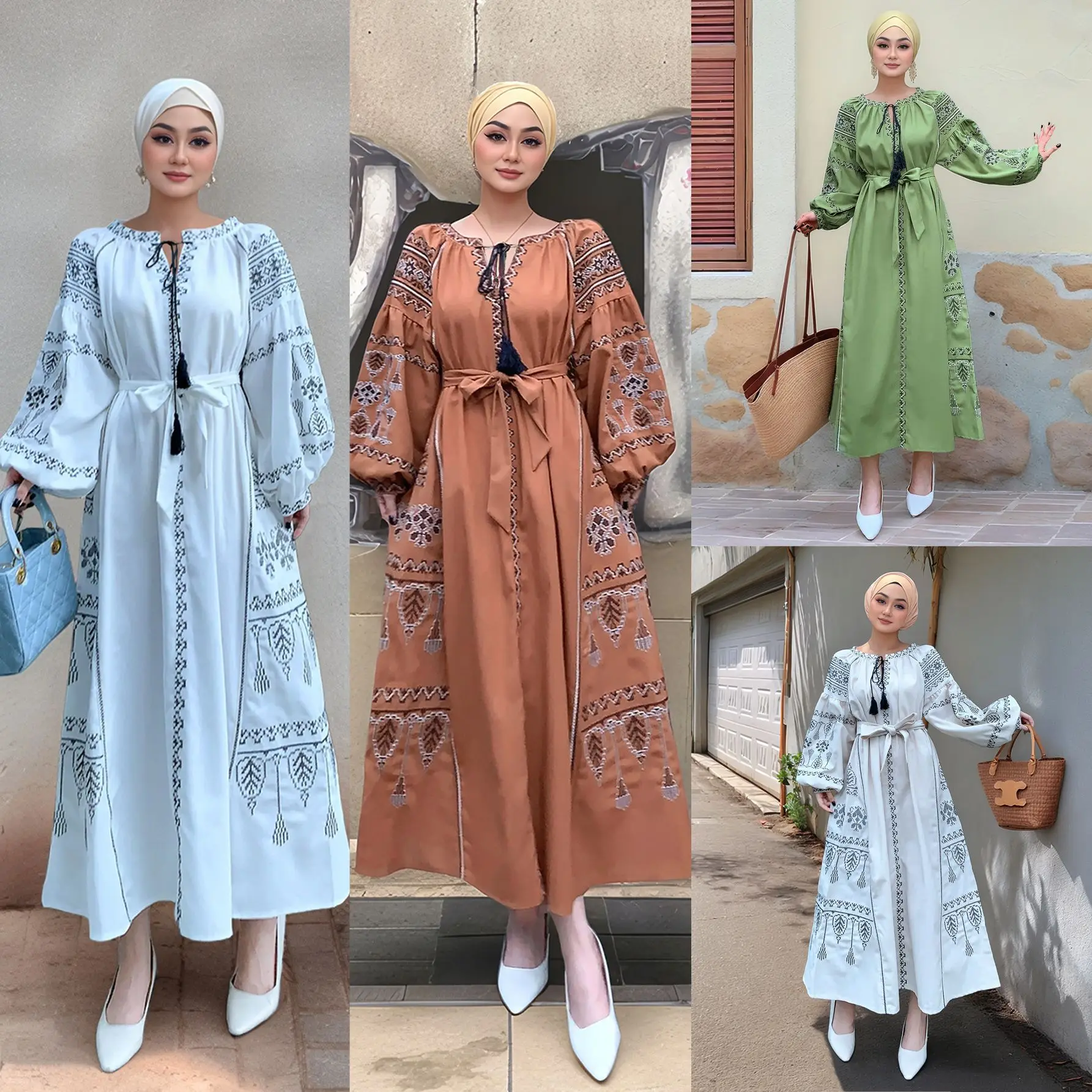 

Muslim Long Dress Malaysia Retro Ethnic Style Abaya Women's New Spring Autumn Embroidered Lace Up Lantern Sleeves Waist Abayas