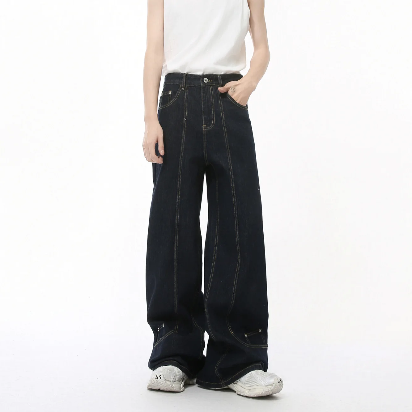 Celana Jeans Pria 2025 Musim Gugur Celana Jeans Pria Baru Desain Unik yang Dapat Dipakai Terbalik Celana Denim Lurus Lebar yang Didekonstruksi