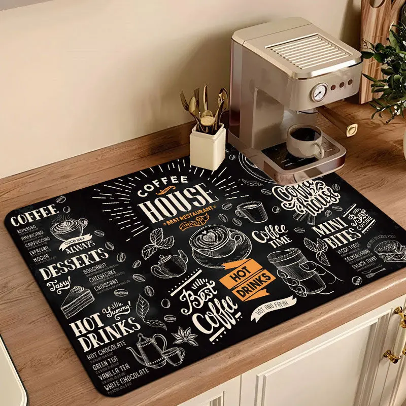 Kitchen Drainage Mat Coffee Time Sign Patterned Pad Super Absorbent Checkered Espresso Machine Placement Countertop Rug
