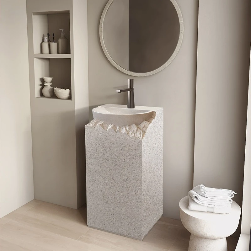 Wabi Sandy Wind Outdoor Pillar Basin Artificial Stone Integrated Floor-to-Floor Wash Basin Homestay Wash Desk