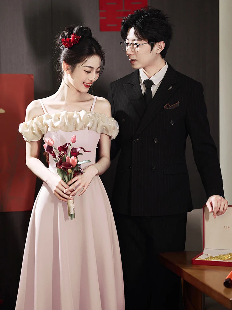 

Pink One-oulder Bridal Dr Korean Sle A-Line Skirt Wedding Day Formal Wear Engagement Par Women's Casual Gown