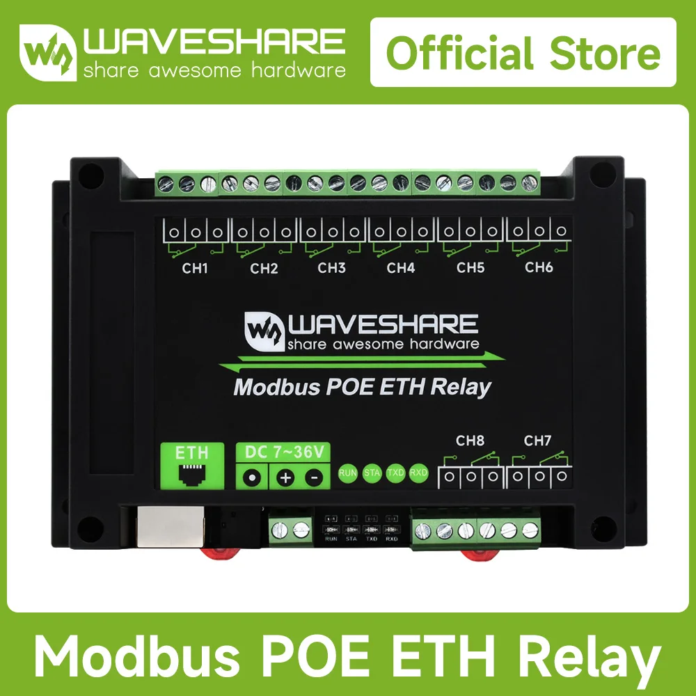 Waveshare 8-ch Ethernet Relay Module, Modbus RTU/Modbus TCP Protocol, PoE Port Communication, with Various Isolation