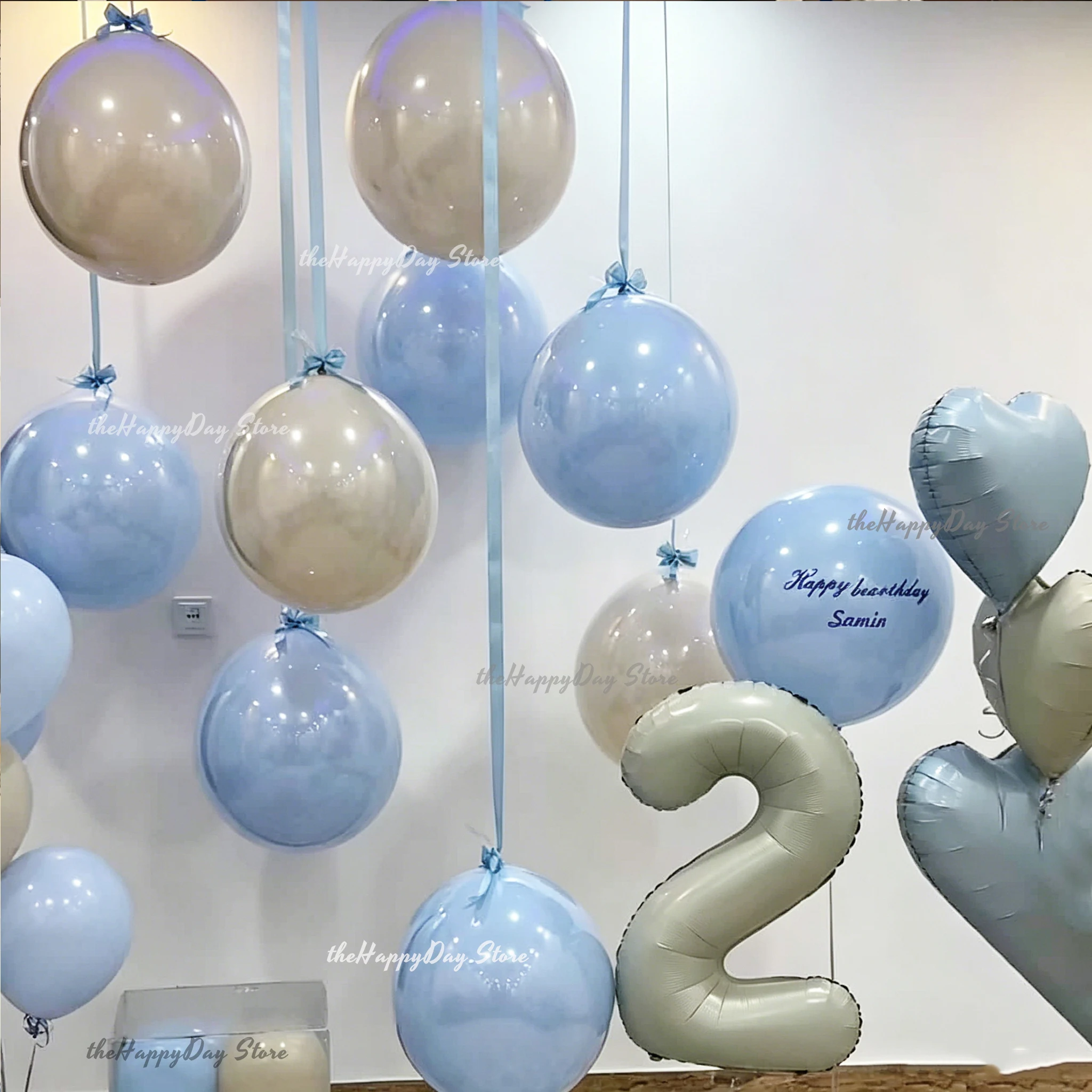 13-teiliges Set Pastellblaue und Weiße Luftballons mit Schleifen, 18/12'' Bären-Boho-Geburtstags-Babyparty-Helium-Luftballons