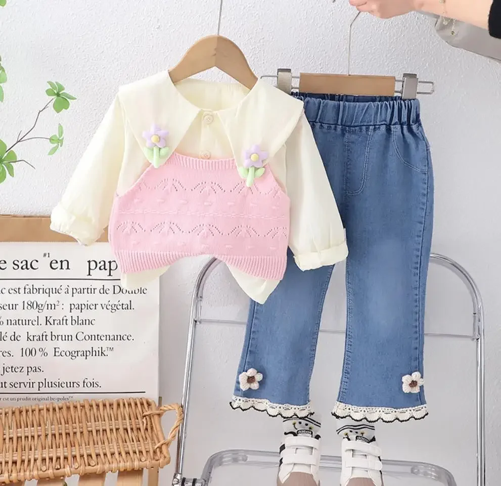 

Baby Kids Sweater Sets 9 To 18 Months Korean Style Knitted Vest+Cute Shirts+Pants 3Pcs Tracksuits Children Girls Clothing Outfit