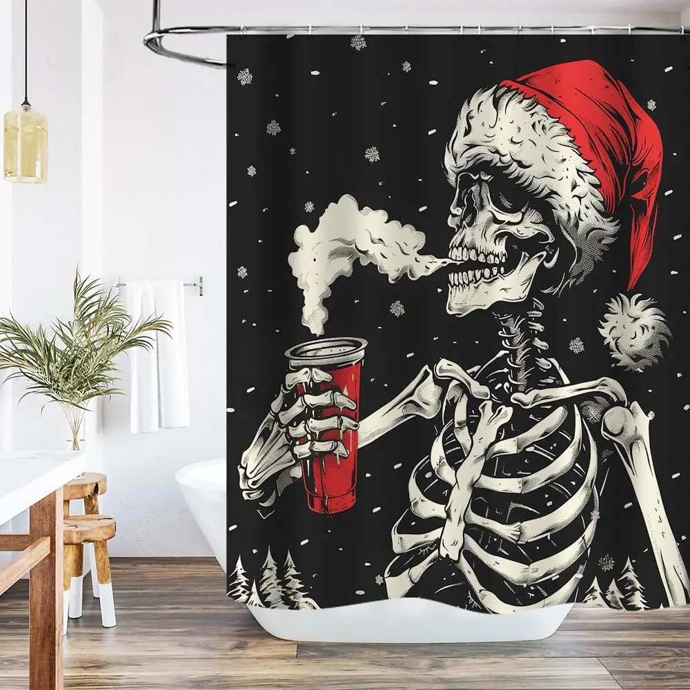 Merry Christmas Shower Curtain Funny Skull Skeleton in Santa Hat Drinking Mulled Wine Bathroom Curtains,Winter Merry Xmas Fabric