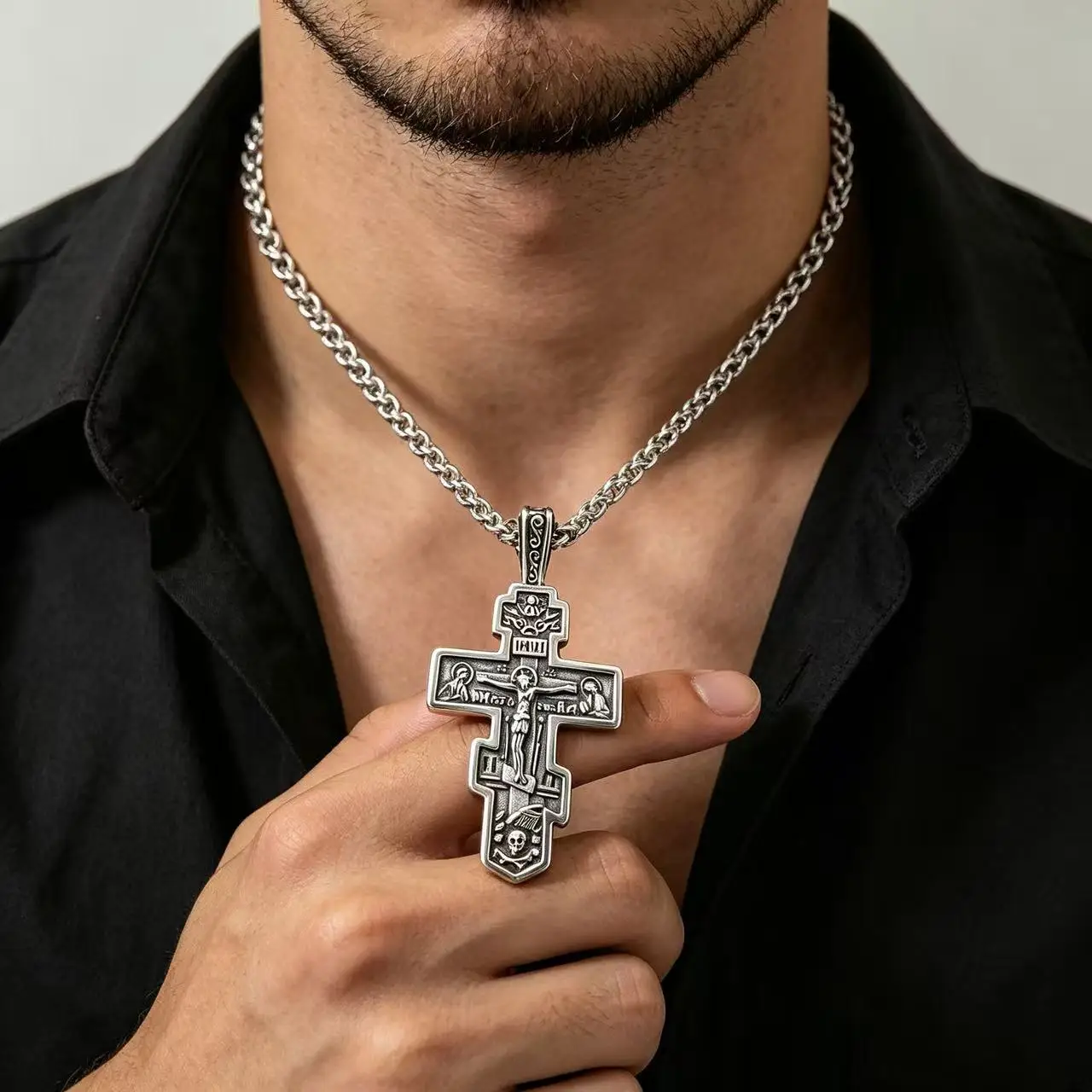 316L Edelstahl Orthodoxes Kreuz Jesus Anhänger Halskette für Herren Schmuck Religiöse Vintage Accessoires – Detail 4