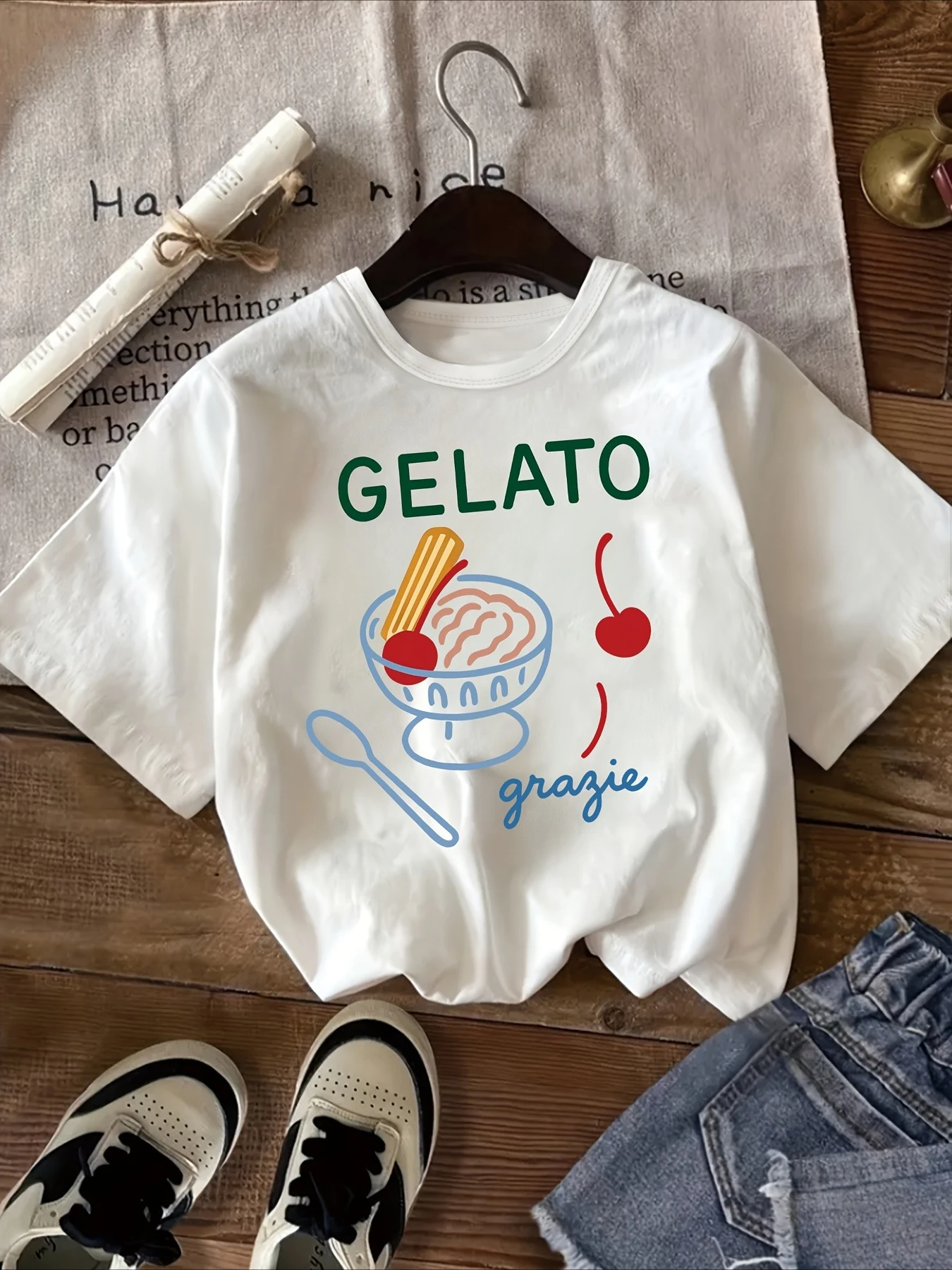Summer New Children's Round Neck T-shirt Loose Comfortable Fashionable Versatile Simple and Fun Ice Cream Letter Printed Top