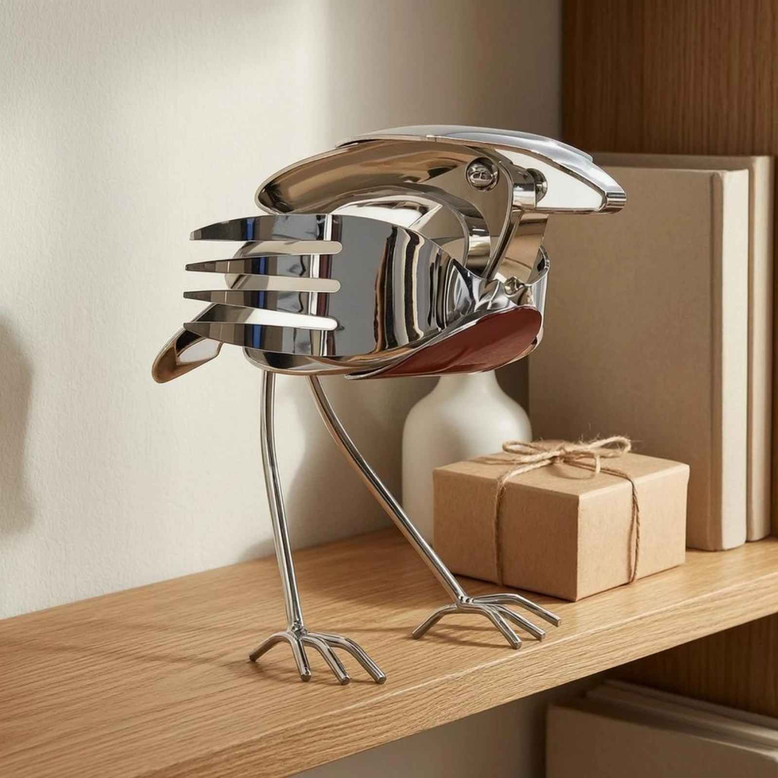 Metal Bird Sculpture Slender Legs Silver Bird Statue House Decoration Standing Display for Tabletop