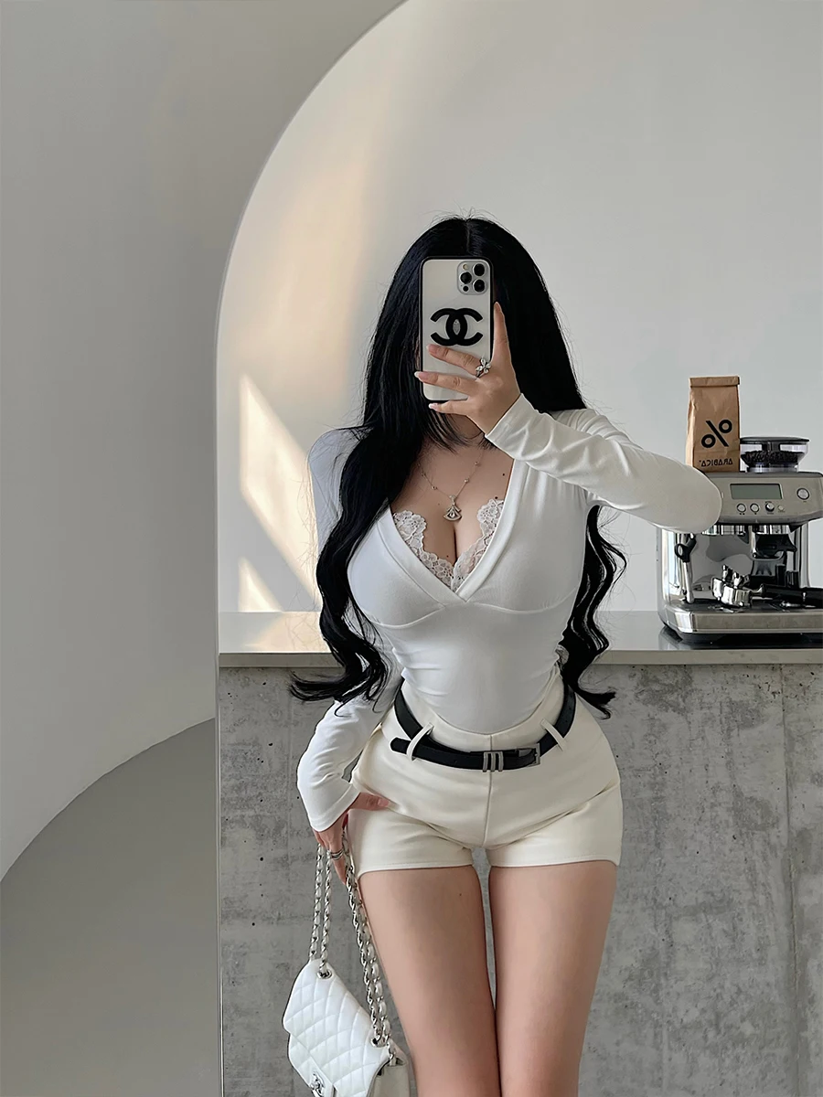 Sexy Deep V-neck Lace Splice Slimming Long Sleeve T-shirt Base Layer Top for Young Girls Pure Desire Spicy Girl Style Cotton ...