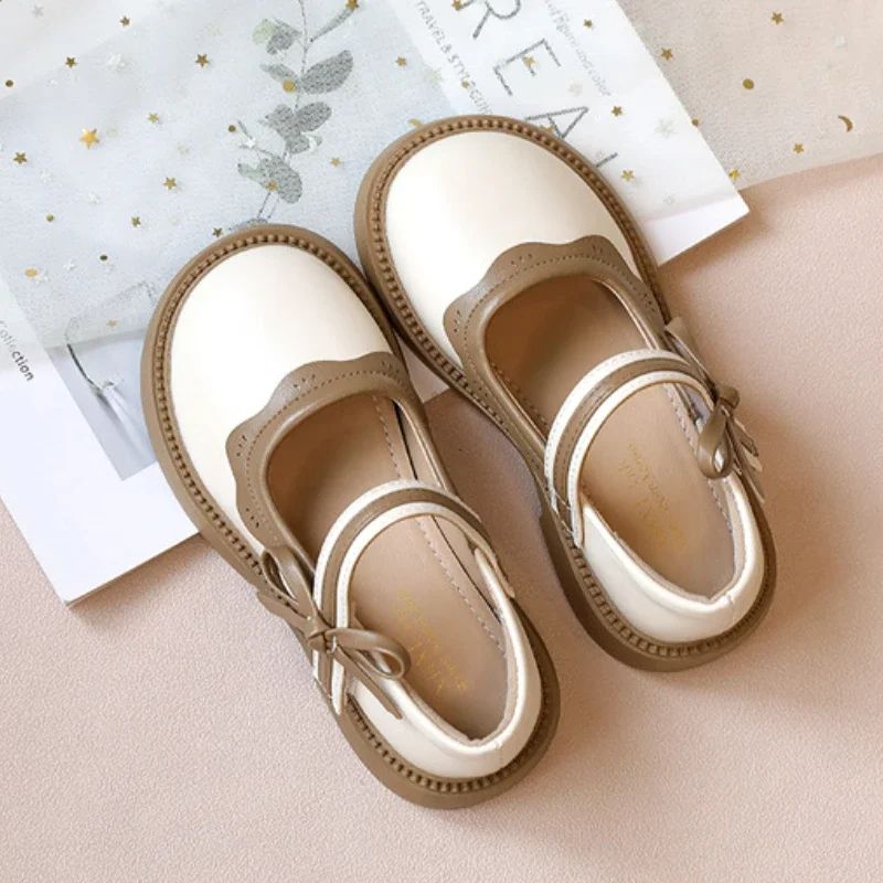 Fashion Girl School Shoes Patchwork Kid Princess Shoes for Children Shallow Toddler Ruffled Edge Leather Shoes Causal Mary Janes