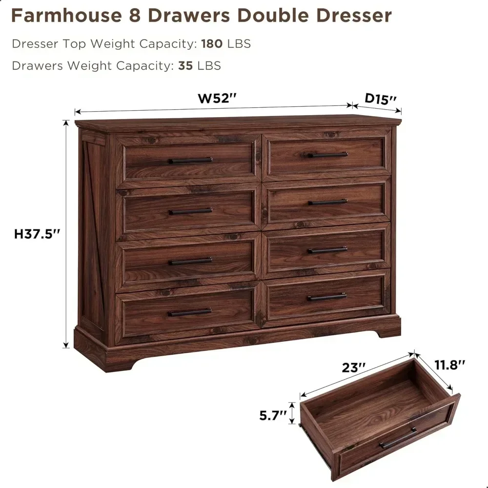 Nordic Minimalist wooden 8 Drawers Dresser Chests with Metal Handle for Bedroom,Natural Texture,52