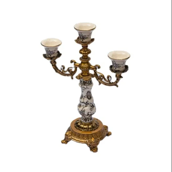 Wholesale High Quality  Retro Designs Antique Brass Porcelain Table Decorations Three Arm Ceramic Candle Holder