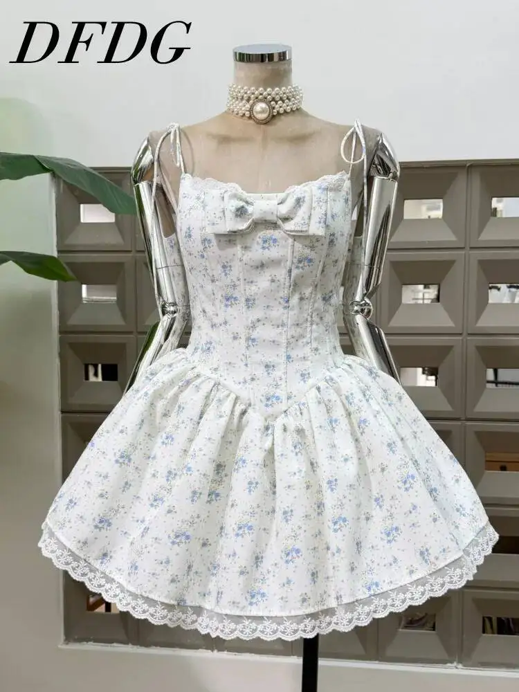 

DFDG Women 2026 Spring Summer Floral Print Spaghetti Strap Mini Dress Bow Lace Trim Corset Waist Fluffy A Line Cute Casual Dress