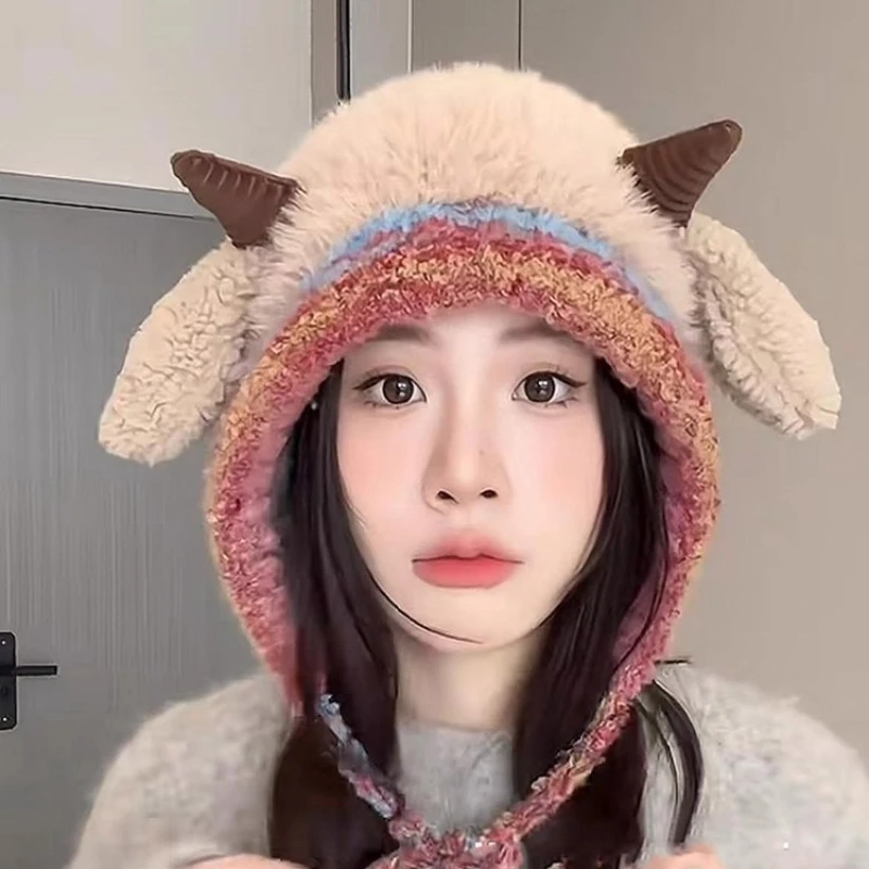 Kawaii الصوت المنشط لامب قبعة محشوة دافئ أفخم قبعة شتوية لطيف صرير الأذن قبعة أغطية الرأس للأطفال ارتداء اليومي الهدايا