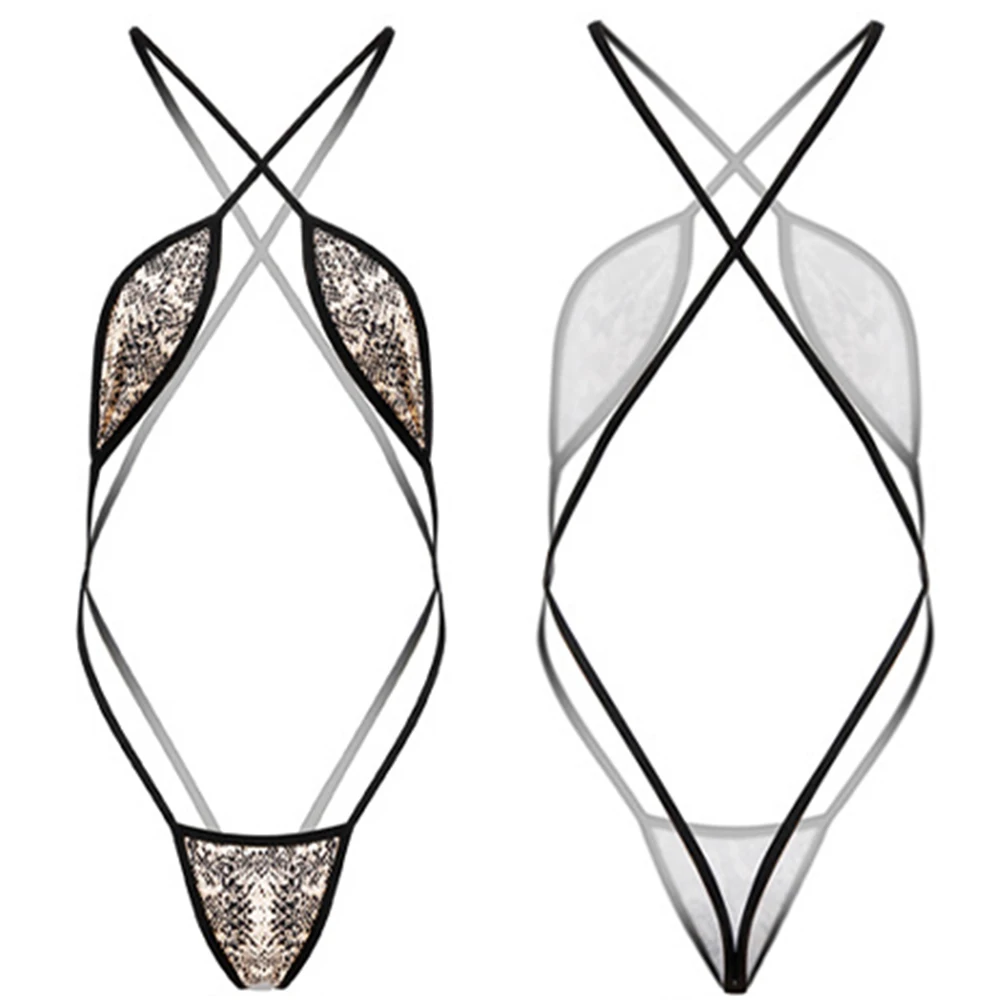 Women Sexy Lingerie Set Snakeskin Pattern Mini Bikini Bra T-back Super Mini G-string Siamese Thong Halter Neck Swimwear Lingerie