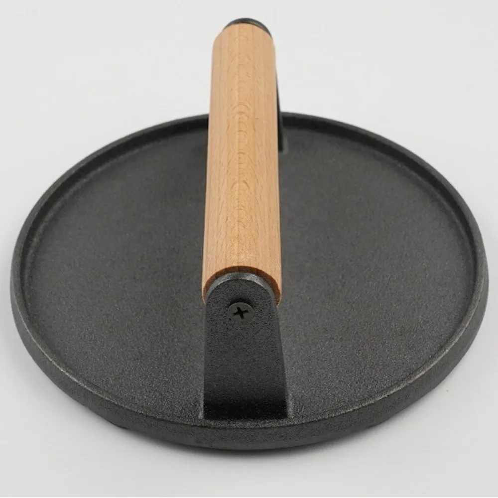 لوح ضغط اللحوم من الحديد الزهر، سطح مسطح، مقبض خشبي، ستيك برجر، مستدير مستطيل، شواية شديدة التحمل، مطحنة همبرغر #5