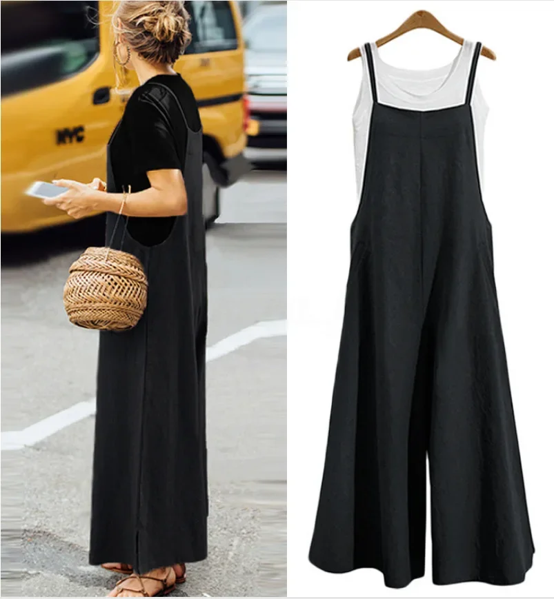 Women's Summer Sleeveless Jumpsuit Solid Color Wide Leg Bib Overalls Casual Loose Cotton Linen Straps Dungaree SIZE L-5XL image 2