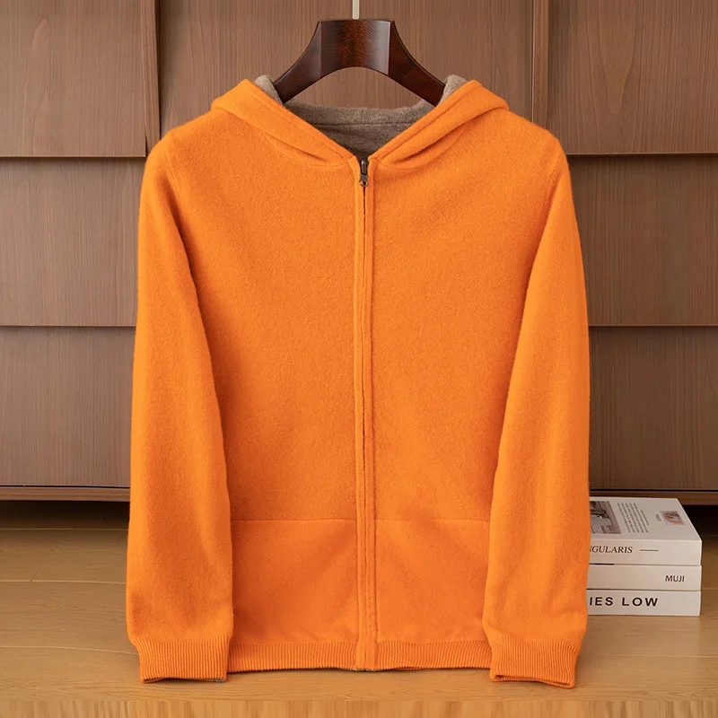 

Autumn Winter Thick Hooded Cardigan 100% Merino Wool Knit Zipper Sweater Jacket Can Be Worn On Both Sides Sport Casual Menswear