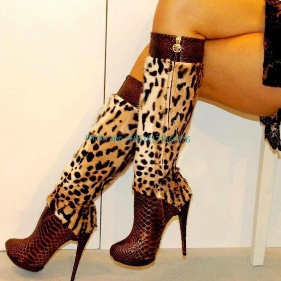 Round Toe Sexy Leopard Platform Knee High Boots Women Leather Suede Side Zip Animal Print Thin High Heel Boots Lady Club Shoes