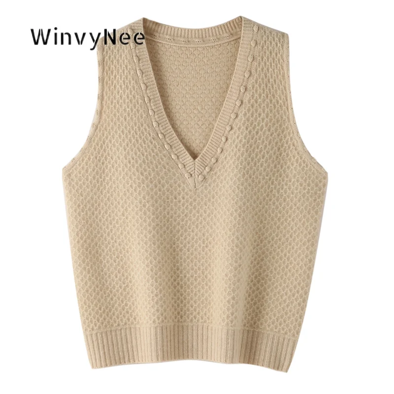 WinvyNee Women Wool Knit Waistcoat Pure Wool Loose Fit V Neck Textured Pullover All Match Layering Chic Daily Tank Vest C1733060