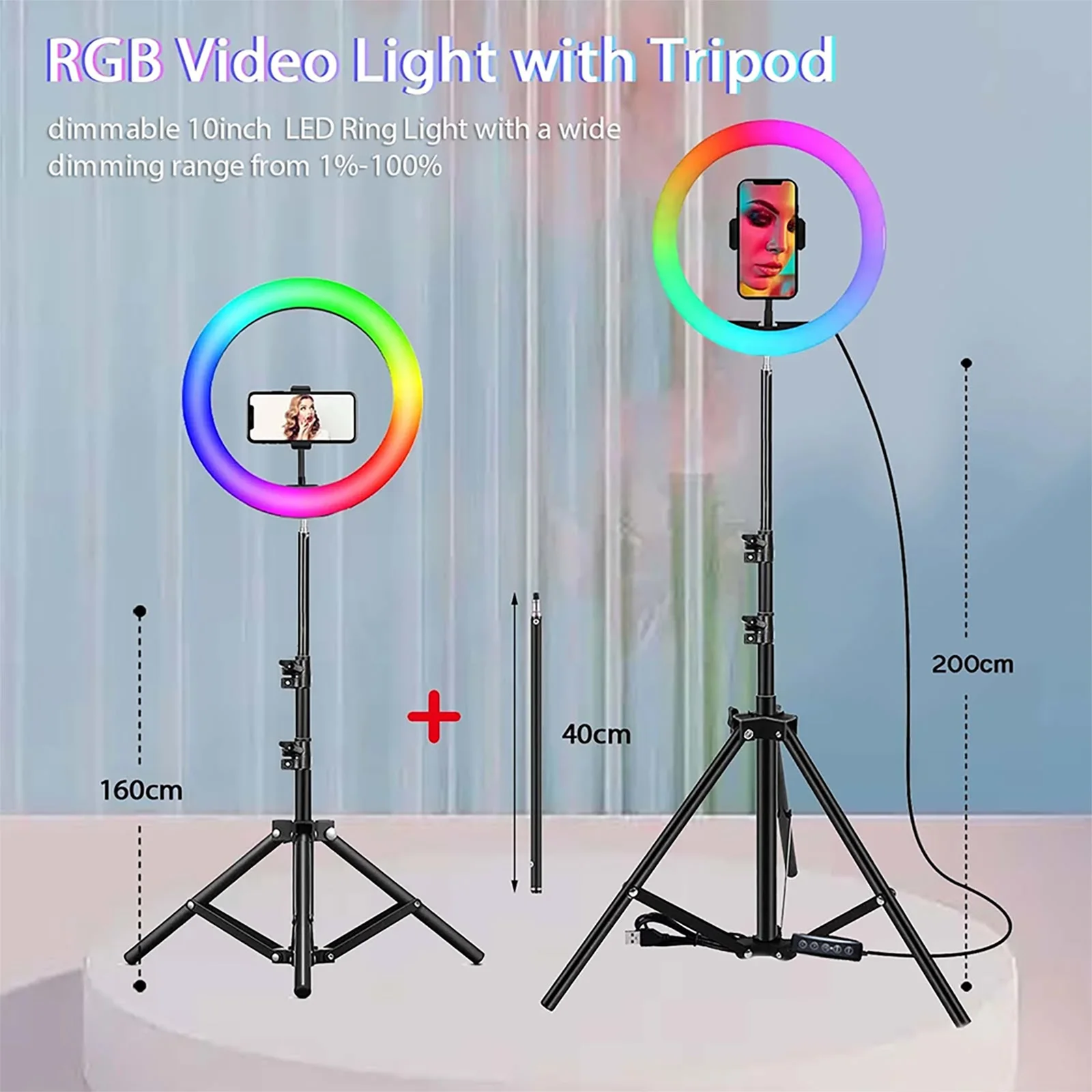 32 Clours LED RGB Selfie Ring Light Circle Fill Light Video Lamp Makeup Photography RingLight with Phone Holder Tripod Stand