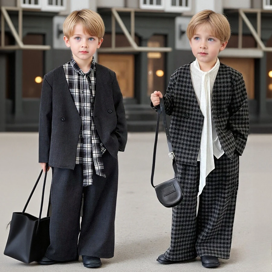 Spring Boys Plaid Suit Casual Fashion Children's Blazer Set School Teens Kids Outfits Wedding Party Show Performance Costume