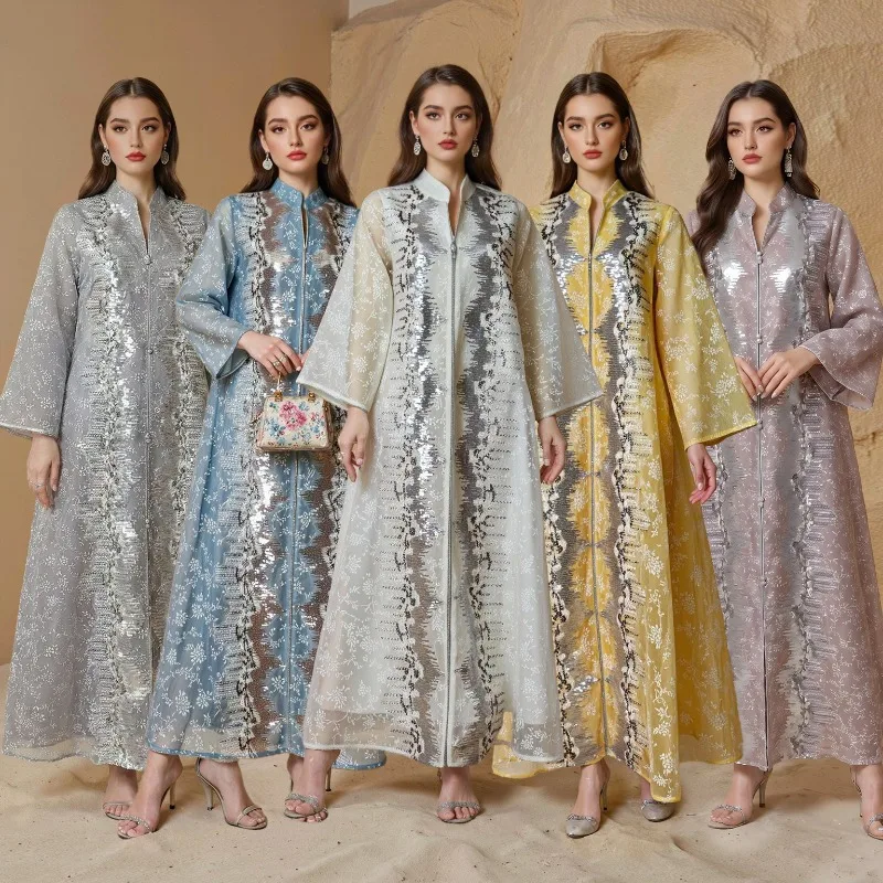 Women Botanical All Over Print Sequin Panel Stand Collar Zip Front Three Quarter Sleeve Long Kaftan Dress Sheer Flowy Maxi Abaya