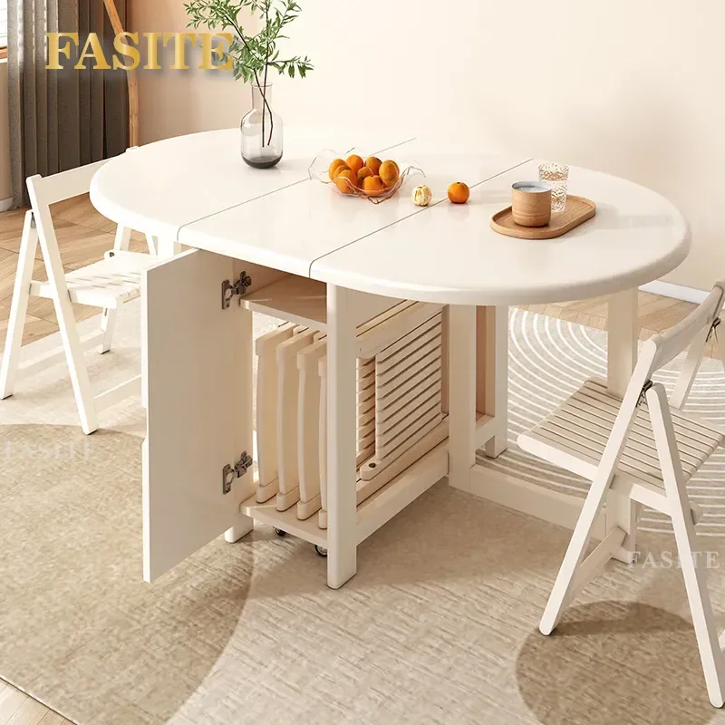 For Small Apartment Solid Wood Round Dining Table with Folding Chairs Wall Mounted Storage Space Saving Cream Style