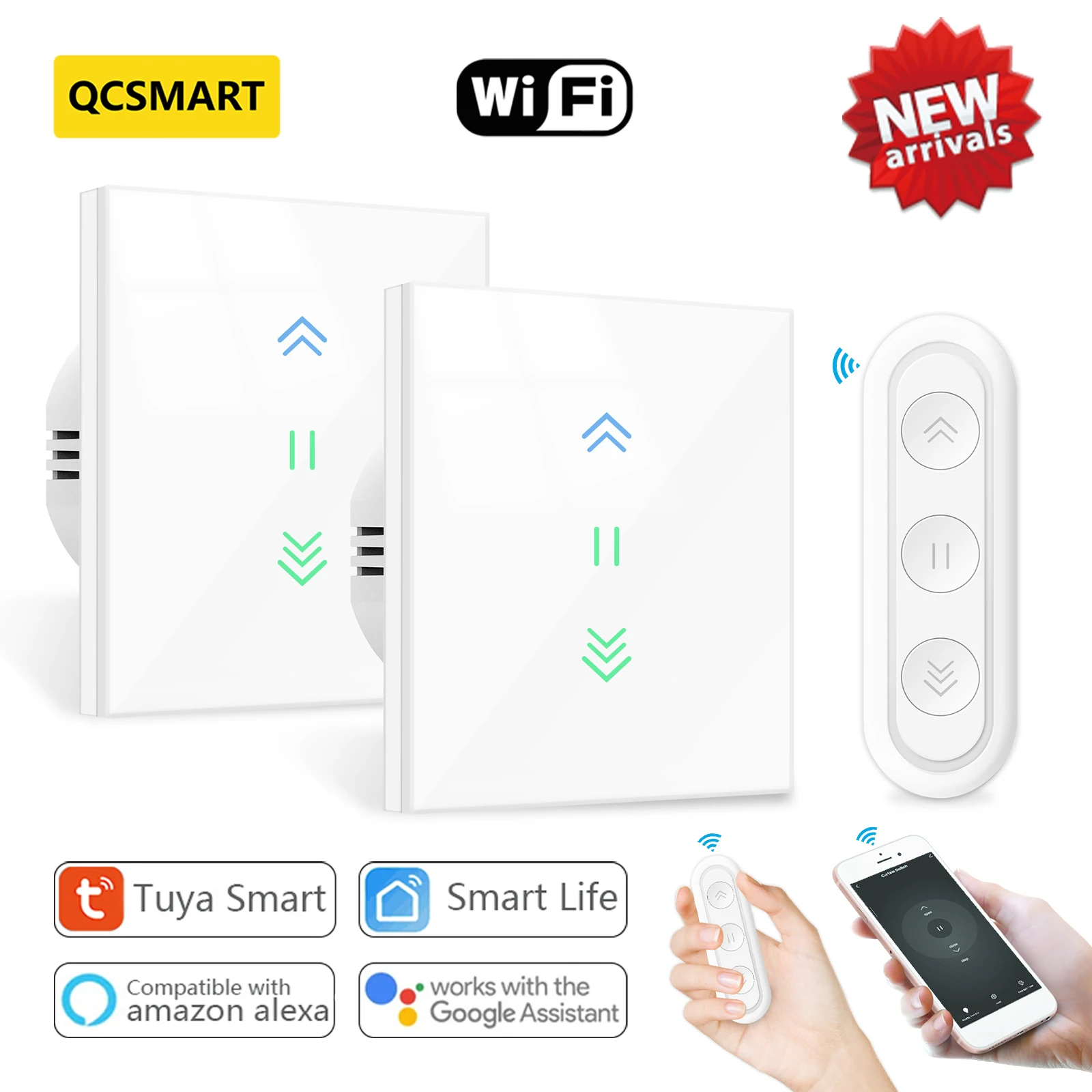 QCSMART Sunshade Curtain Blinds Switch Backlight RF & WiFi Remote Control Tuya Smart Life App Google Home Alexa Echo