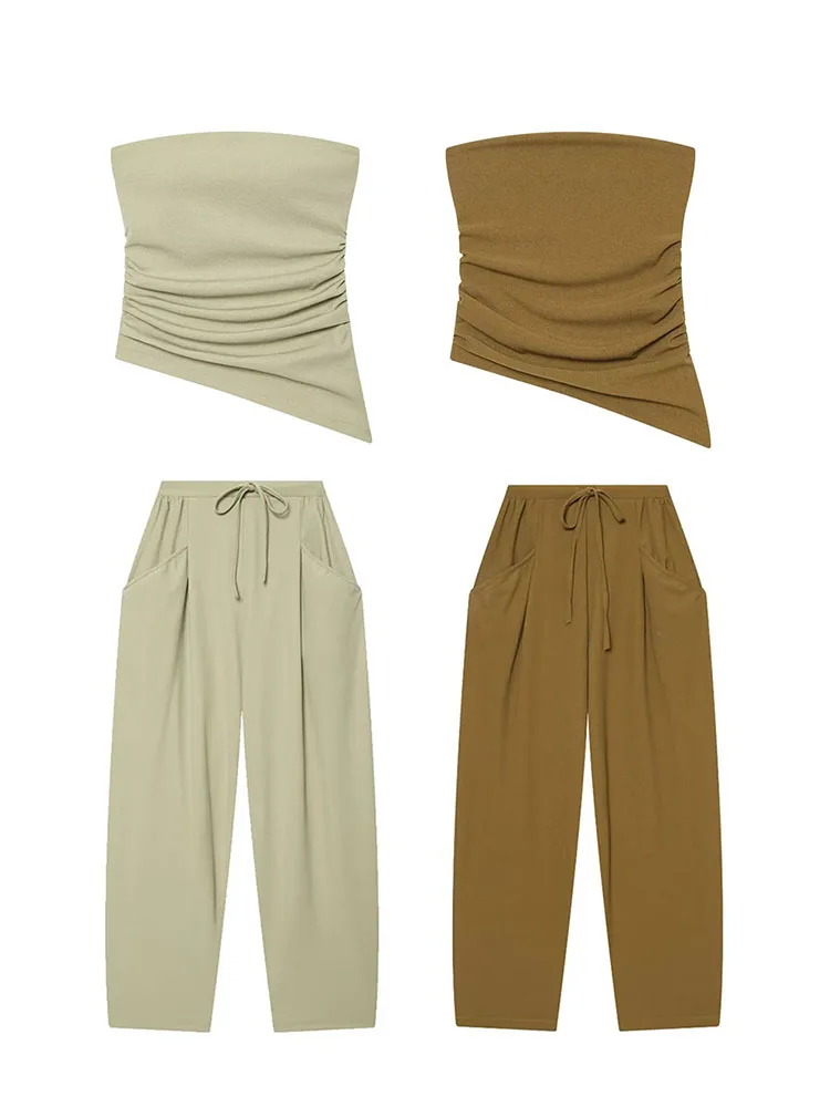 

HH Women Fashion Pleated Textured Wrap Short Top+High Waist Pocket Drawstring Decoration Casual Pants Summer Solid 2 Piece Set