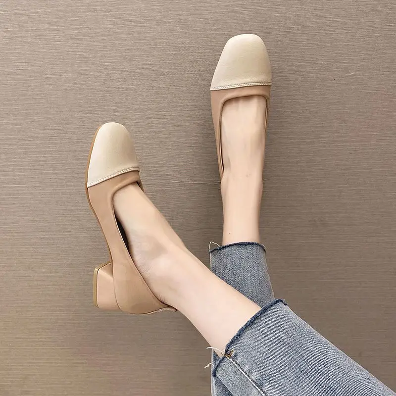 With Medium Heels Normal Leather Casual Ladies Summer Footwear Shoes for Women 2024 Square Office Toe 39 Beau Today on Sale A E