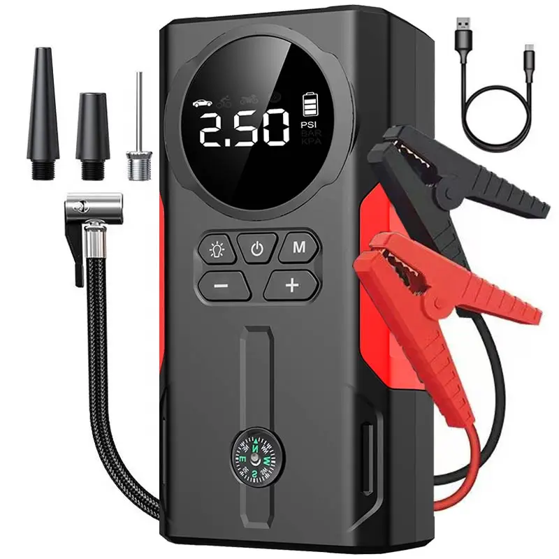

Portable 6 in 1 Jump Starter Car Battery Booster Power Bank Charger Lithium Battery Pack Tire Air Pump Tire Inflator with Light